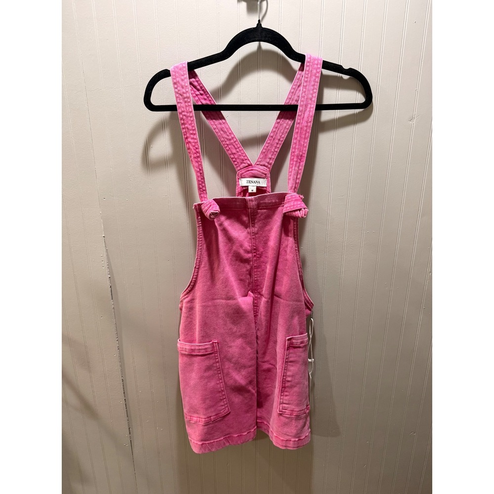 Zenana Pink Acid Wash Denim Overall Dress Pinafore Mini Fuchsia Medium NWT